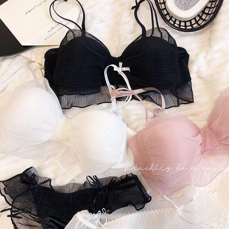 O1CN015QwkDR2JWzndFvhOF_!!2216814379430-0-cib Japanese Style Organ Pleated Bow Wireless Push-Up Bra Panty Set